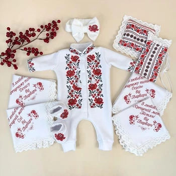 Крестильный набор для девочки Family Tradition трикотаж с вышивкой белый Красная роза