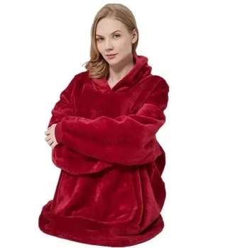 Толстовка – плед із капюшоном HUGGLE HOODIE BLANKET, плед із рукавами бордовий, тепла хутряна піжама для дому