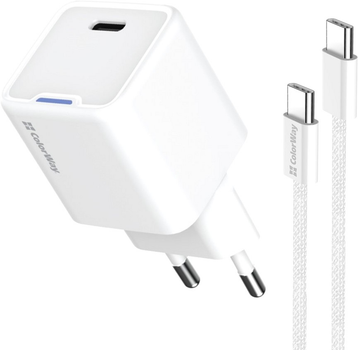 Мережевий зарядний пристрій ColorWay GaN Mini 35W PD Port PPS USB-C + cable Type-C White (CW-CHS056PDC-WT)
