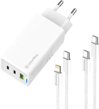 Мережевий зарядний пристрій ColorWay GaN Mini 65W PD Port PPS USB (USB-2C1A) + cable Type-C & Lightning White (CW-CHS058PDCL-WT)