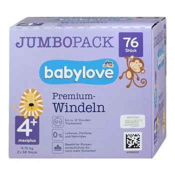 Преміум підгузники babylove 4 + максі 9-15 kg Джамбо упаковка 2x38 шт 76 шт