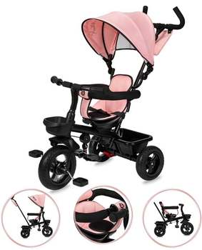 Трехколесный велосипед MoMi с родительской ручкой Telde Pink с поворотным сиденьем на 360°, полиуретановыми колесами, для детей от 9 месяцев