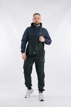Демисезонный спортивный мужской комплект 3в1 ветровка-анорак штаны сумка-барсетка из ветрозащитной ткани повседневный черный с синим/L
