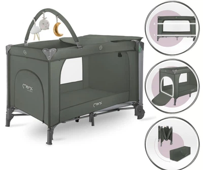 Детский манеж кровать MoMi BELOVE PLUS Green, пеленальная доска, дуга с игрушками, матрас для новорожденных