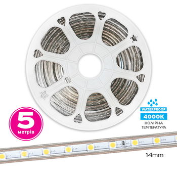 Світлодіодна стрічка ELM SMD 5050 60LED 5м 6 Вт 4000K 220В IP65 (19-0016-5)