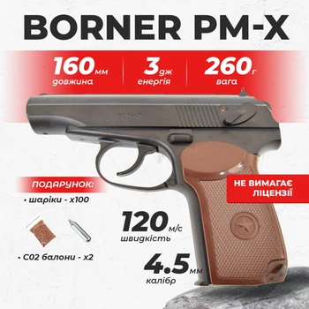 Пневматический пистолет Borner PM-X поллимер с со2 с пулями