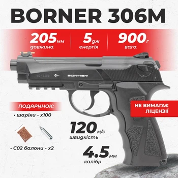 Пневматический пистолет Borner Sport 306m Beretta 90, металл с со2 с пулями