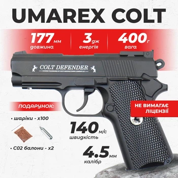 Пневматический пистолет Umarex COLT Defender 1911, металл с со2 с пулями