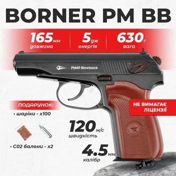 Пневматический пистолет Borner PM 49 Blowback Пистолет Макарова, металл с со2 с пулями