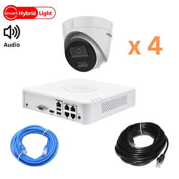Комплект відеонагляду на 4 купольні камери Hikvision 2Mp-IP-DS-2CD1323G2-LIUF-Hybridlight зі звуком