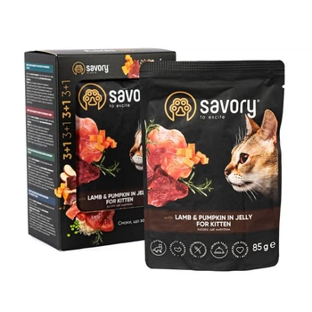 Набір паучів Savory Kitten "3+1" для кошенят, ягня з гарбузом у желе, 85 г (