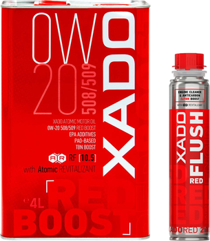 Набір Моторна олива XADO Red Boost 0W-20 508/509 4 л (ХА 25294) + Очисник оливосистеми двигуна XADO RED FLUSH з ефектом розкоксування 250 мл (XA 41613)