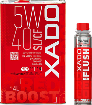 Набір Моторна олива XADO Red Boost 5W-40 SL/CF 4 л (XA 26206) + Очисник оливосистеми двигуна XADO RED FLUSH з ефектом розкоксування 250 мл (XA 41613)