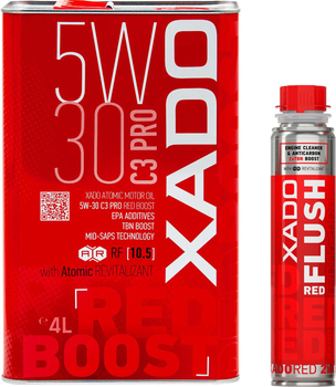 Набір Моторна олива XADO Red Boost 5W-30 C3 Pro 4 л (XA 26268) + Очисник оливосистеми двигуна XADO RED FLUSH з ефектом розкоксування 250 мл (XA 41613)
