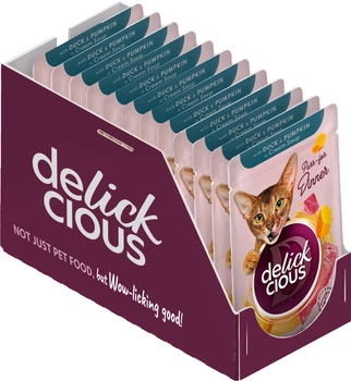 Вологий корм для дорослих котів Delickcious Смужки з качкою та гарбузом у крем супі