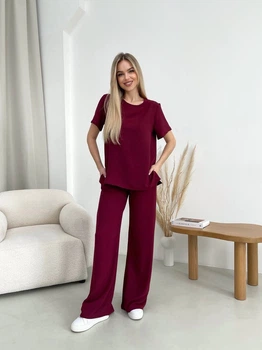 Жіночий літній прогулянковий костюм із крепу (футболка + брюки) Uaclothes 50-52 Бордовий (like32036-122381358)