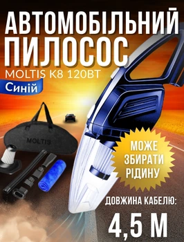 Автомобильный пылесос Moltis K8, ручной с HEPA-фильтром из ABS пластик Синий 10015