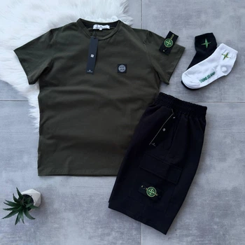 Літній чоловічий спортивний костюм (футболка + шорти + шкарпетки) Stone Island Хакі з чорним XL (KK-321)