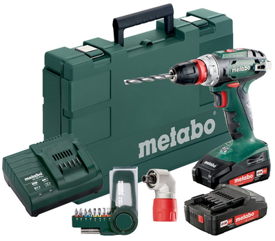 Metabo BS18Quick акумуляторний, 18V 2x2Ah, з/в, кофр, кут.насадка, набір SP (9 шт)