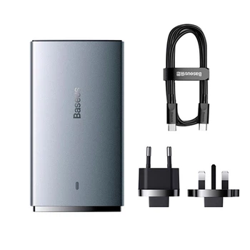 Мережевий зарядний пристрій адаптер Baseus GaN5 Pro Ultra-Slim 65W Type-C + USB з функцією швидкої зарядки |QC3.0+PD3.0| + Кабель Type-C to Type-C |100W 1m| Сірий