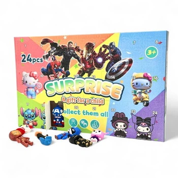 Адвент-календарь с игрушками Сюрприз, 24 фигурки ассорти 5см (Лило и Стич, аниме Hello Kitty, Куроми, Marvel)