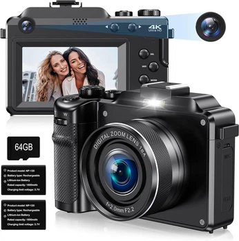 Цифровая камера 4K для фотографии, двухфункциональная камера с двойной линзой Черный