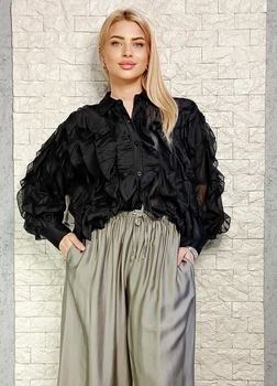 Блуза напівпрозора з органзи декорована рюшами чорна Vince Otto M-XL 22-300