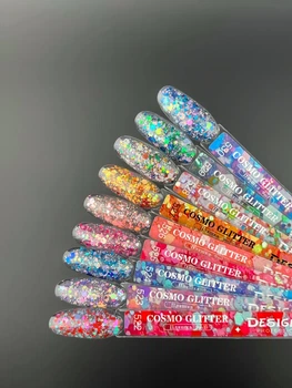 Гель-лак для ногтей Cosmo Glitter Дизайн с разноцветным глиттером разного размера , 9 мл Разноцветный с фиолетовым №523