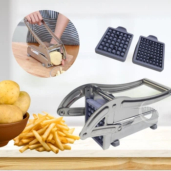 Картоплерізка ручна металева для картоплі фрі з 2 насадками Potato Chipper Professional, подрібнювач для овочів і фруктів з нержавіючої сталі, з лезами 9 мм і 12 мм, овочерізка для дому та кухні DNA-498-Silver