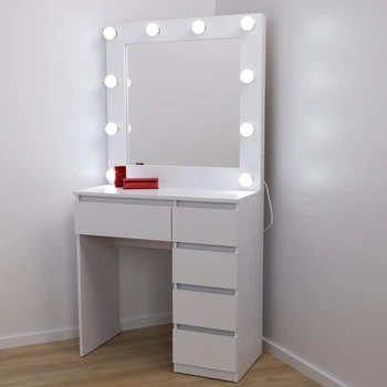 Стіл трюмо з дзеркалом, LED підсвіткою та 5 шухлядами, 160*80*40см, білий, MirrorRika