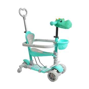 Трехколесный самокат Best Scooter P-67303 с сиденьем, ручкой управления и бампером, Мятный с динозавром