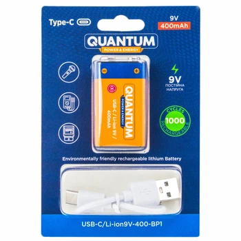 Акумулятор літій-іонний Quantum USB Li-ion Крона 9V, 400mAh blister+Type-C кабель, 1шт/уп (0746020703223)