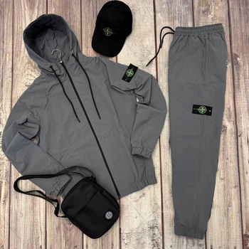 Чоловічий спортивний комплект Stone Island (костюм + кепка + бананка) XL Сірий (TR-388)