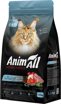 Полнорационный сухой корм AnimAll для кошек с лососем белой рыбой и свежей индейкой 1.5 кг (5902706511680)