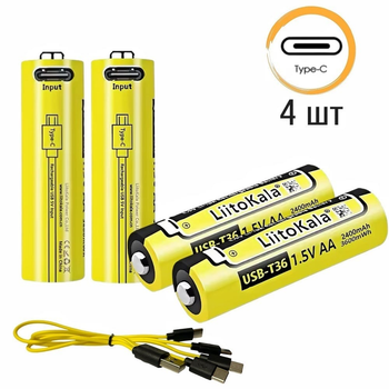Батарейки AA аккумуляторные LiitoKala T36 с разъемом USB Type-C на 1.5V/3600mWh - 4ШТ