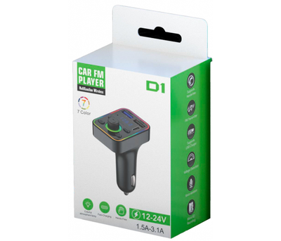 FM-модулятор D1, підсвічування 7 кольорів, 1.5-3.1A, USB, TF, 49.5х41х36