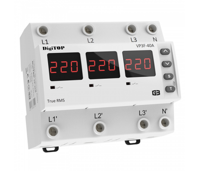 Реле напруги дворежимне одно - трифазне VP-3F40А M6R на DIN-рейку, 3*40А, 3*8500Вт, 120-270В, шестимодульне з індикатором напруг
