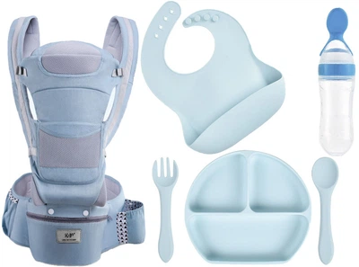 Хипсит, эрго-рюкзак, кенгуру Baby Carrier 6в1 Голубой, тарелка Y5, столовые приборы, слюнявчик (vol-9973)