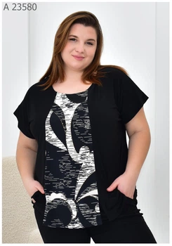 Жіноча блуза літня великого розміру UF-Fashion МА-23580 58-60 чорно-білий