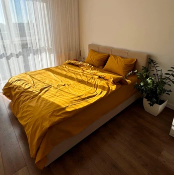 Комплект постельного белья LavSon Ранфорс Поплин Lux King Size 220х240 с простыней на резинке 180х200х25 Горчица (Наволочки 70х70)