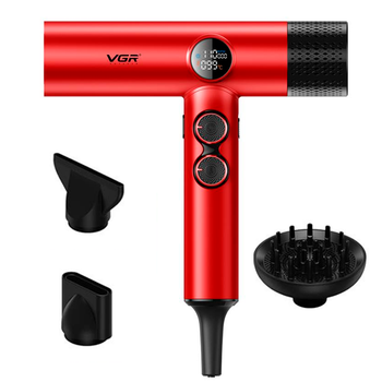 Фен професійний VGR V-401 RED, 40 рівнів обдування, 40 рівнів температури 60°C - 100°C, 3 насадки