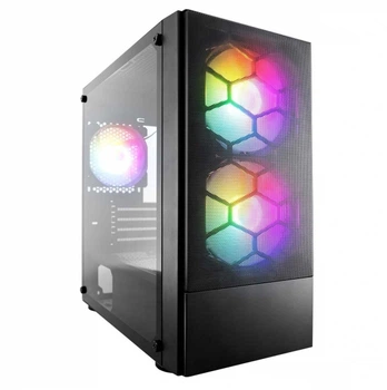Корпус 1stPlayer x4-m-bk-2f1p-1f1, Black, без бп, Mini Tower, Micro atx / Mini itx, 1xUSB 3.0 / 2xUSB 2.0, макс. cpu — 160 мм / vga — 330 мм, 3x120 мм rgb, бічна панель із загартованого скла.