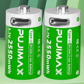 Аккумуляторные батареи CR123A с USB TYPE-C 2550mWh 3.7V (2 шт + кабель + кейс), Зеленый (152980-2)