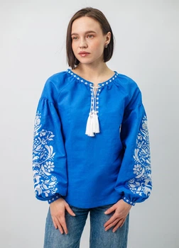 Вышиванка женская Narodnyy Butik синий лен белая вышивка 1041.1 46