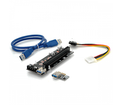 Riser PCI-EX, x1-x16, 4-pin MOLEX, SATA-4Pin, USB 3.0 AM-AM 0,6 м (синій), конденсатори PS 100 16V, Пакет