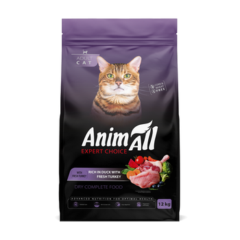 Полнорационный сухой корм AnimAll для взрослых кошек со свежей индейкой и уткой, 12 кг