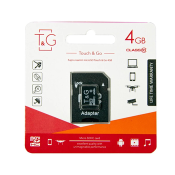 Карта памяти T&G microSDHC 4 GB Class 10 + адаптер, флешка микро sd для видеорегистраторов