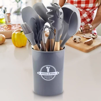 Набор кухонных принадлежностей из силикона и дерева с подставкой Kitchen Set 12 предметов Серый (HA-50)