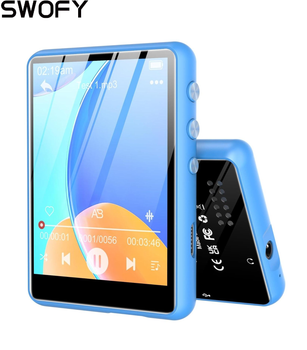 MP3 плеер SWOFY M4 Black/Blue 64 ГБ Bluetooth 5.3 встроенный HD динамик, HiFi Sound Shuffle Single Loop FM-радио + чехол, наушники