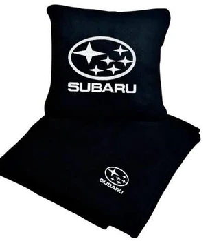 Плед и подушка в авто с вышитым логотипом SUBARU черный флис 260г/м2 размер M
